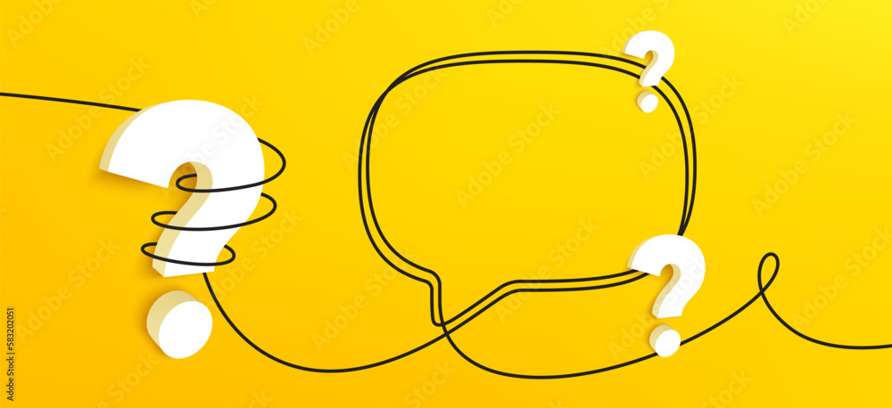 Wall mural 3d question mark with continuous line speech bubble. single line chat background. talk text box, fee