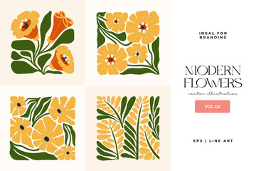 Naklejka premium Floral abstract elements. Botanical composition. Modern trendy Matisse minimal style. Floral poster, invite. Vector arrangements for greeting card or invitation design