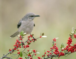 Close-up of a North American singing mockingbird (Mimus polyglottos) eating red berries
