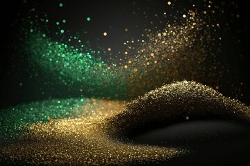 Abstract Glitter Dropping From aIr. Black Background,  Green Golden And Black. Generative AI