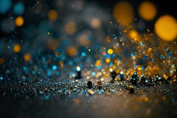 Abstract Glitter Dropping From aIr. Black Background, Bule Golden And Black. Generative AI