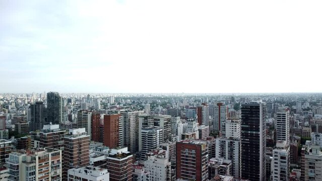 Many high-rise buildings, highrise houses, urban constructions, city panorama, dense development in Belgrano. Urbanization concept