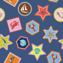 Cute and Colourful summer seamless pattern Vacation Moment with hand drawn Seashells, beach life elements Vector illustration,Design for fashion , fabric, textile, wallpaper, wrapping and all prints 
