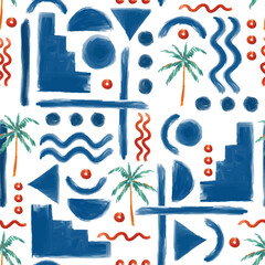 rendy Minimal summer seamless pattern Vacation Moment with hand drawn Line , geometric , Waves, palm trees each lbife elements Vector illustration,