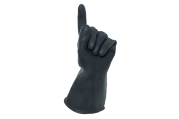 An isolated black rubber glove holding up the index finger on a white background. A hand doing number one gesture