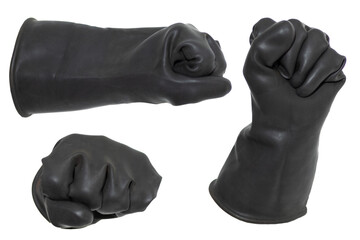 Different perspectives of a clenched fist in black rubber gloves isolated on a white background.