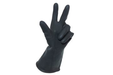 An isolated rubber black glove holding up the thumb, index and middle fingers on a white background. A hand doing the number three gesture.