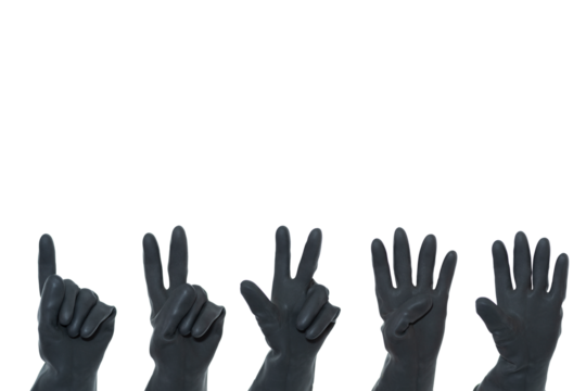 Black rubber gloves counting from one to five on a white background. Hand gestures. - Powered by Adobe