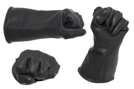Different perspectives of a clenched fist in black rubber gloves isolated on a white background.