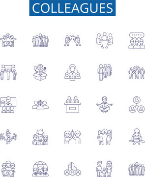 Colleagues line icons signs set. Design collection of Colleagues, Peers, Workmates, Associates, Comrades, Partners, Coworkers, Friends outline concept vector illustrations