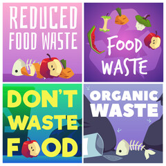 Set of squared banners about food waste flat style, vector illustration