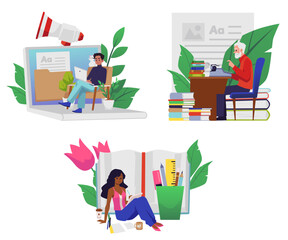 Copywriting banners set with characters flat vector illustration isolated.