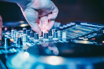 Closeup of a unique dj console and dj's hands controling it at a party