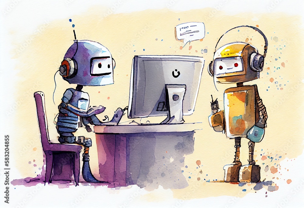 Poster watercolor illustration of a ai chatbots working and chatting in computer. generative ai