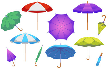 Fototapeta na wymiar Colorful shut and open umbrellas collection flat vector illustration isolated.