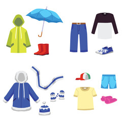 Kid clothes for different seasons - summer, autumn, spring and winter, flat vector illustration isolated on white.