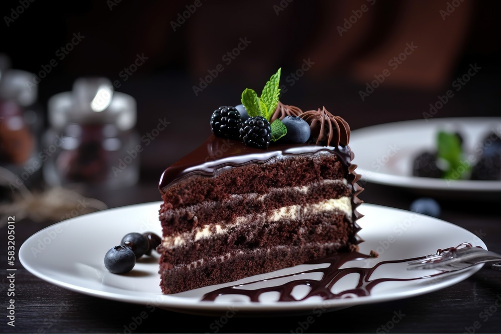 Poster a slice of chocolate cake with berries and chocolate icing on a white plate with a fork on the side 