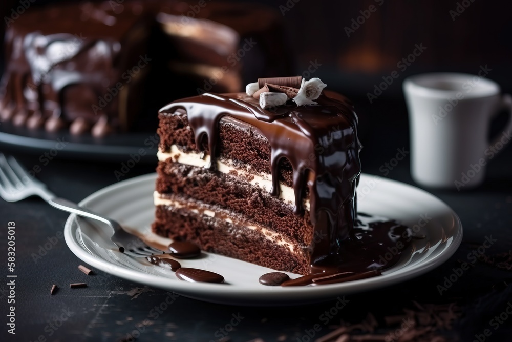 Poster a slice of chocolate cake on a plate with a fork and a cup of coffee in the background on a black ta