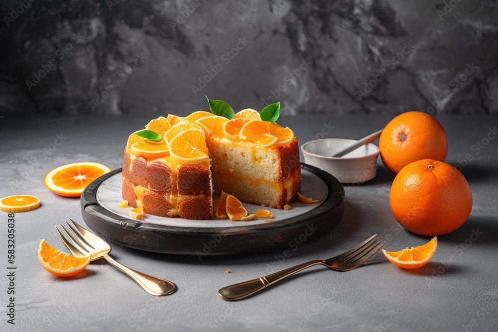 Poster a cake with orange slices on a plate with a fork and orange slices around it on a gray table with a 