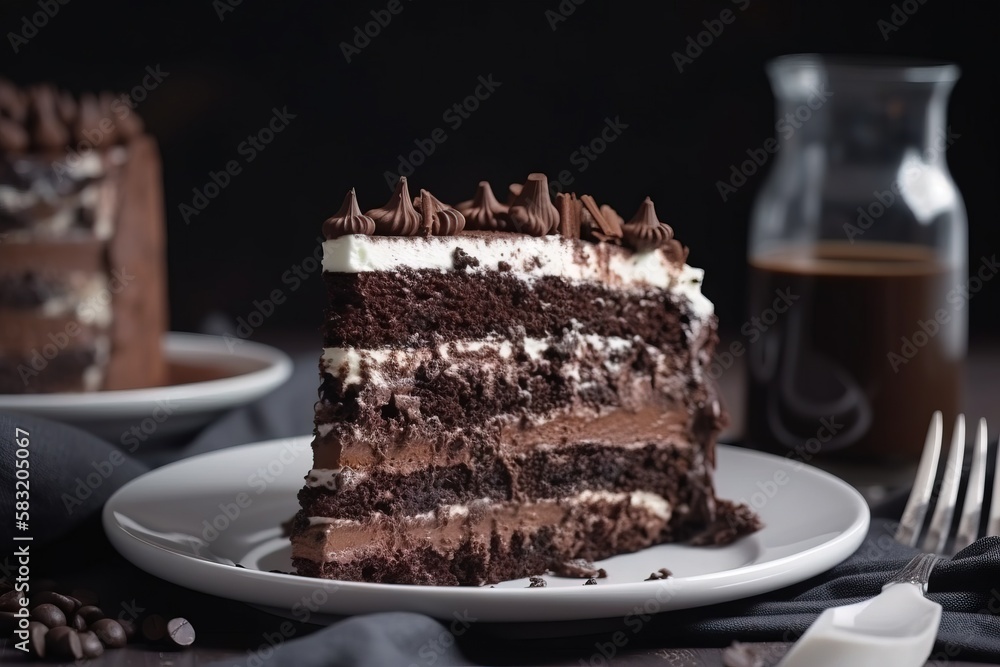 Aufkleber a slice of chocolate cake on a plate with a fork and a cup of coffee in the background on a table wi