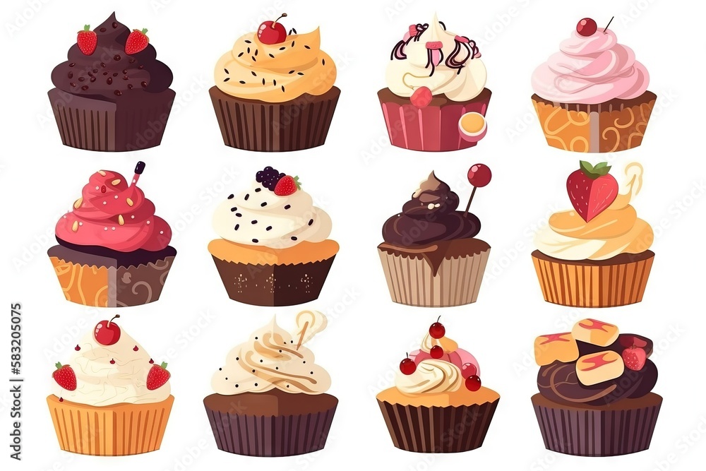 Poster a bunch of cupcakes with different toppings on top of each cupcakes is shown in a flat style on a wh