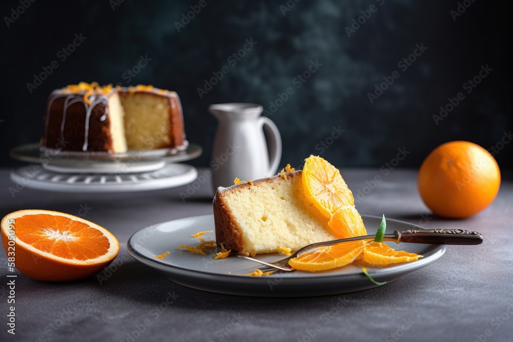 Poster a slice of cake on a plate with oranges and a pitcher of tea in the background on a table with a pla