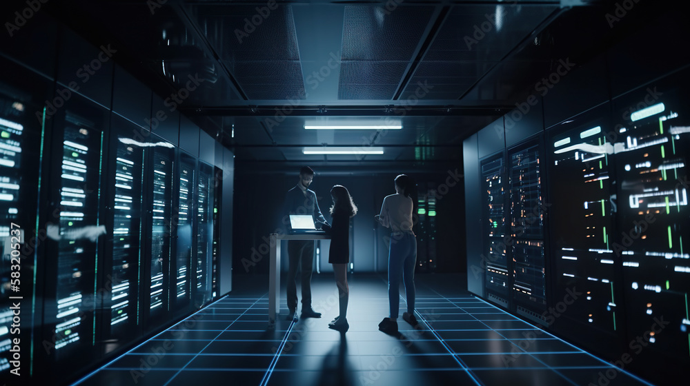 Poster programmers working in server room. generative ai