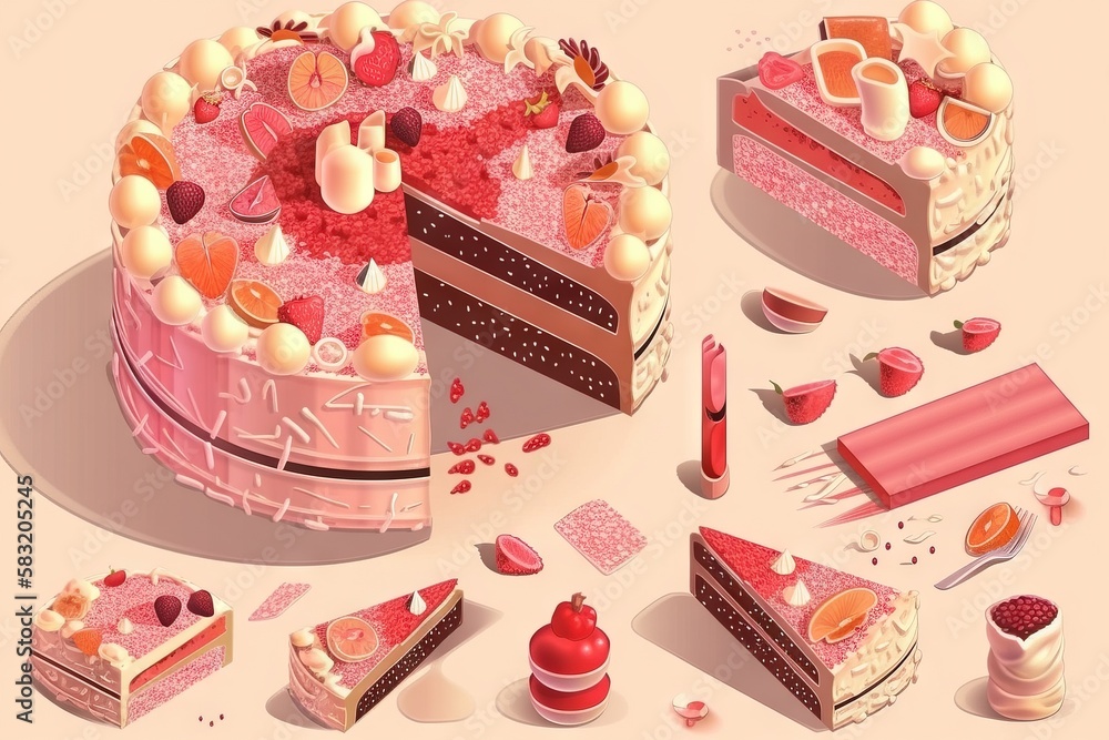 Poster a cake with a slice cut out of it and other items surrounding it on a pink background with a pink ba