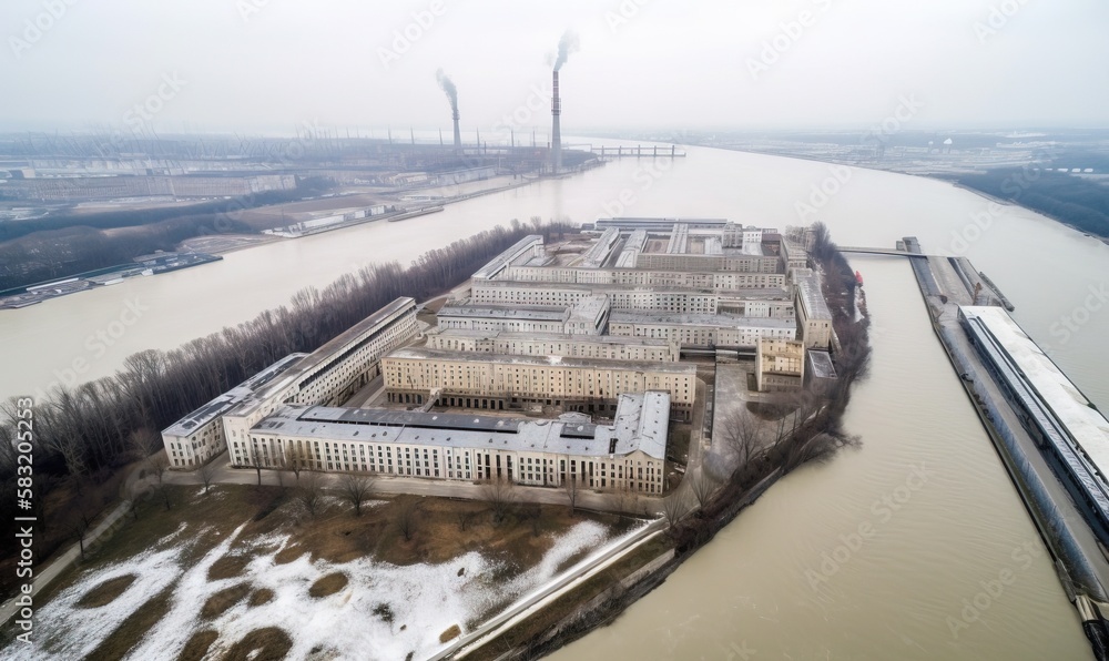 Poster an aerial view of a large building next to a body of water with a bridge in the background and a tra