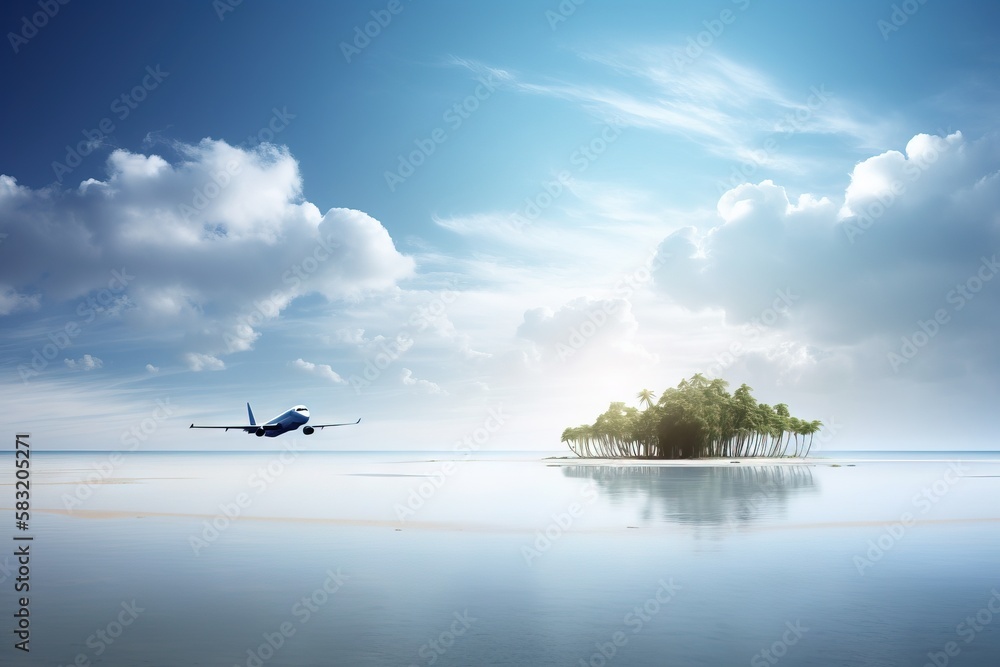 Poster an airplane flying over a small island in the ocean with a small island in the middle of the water a