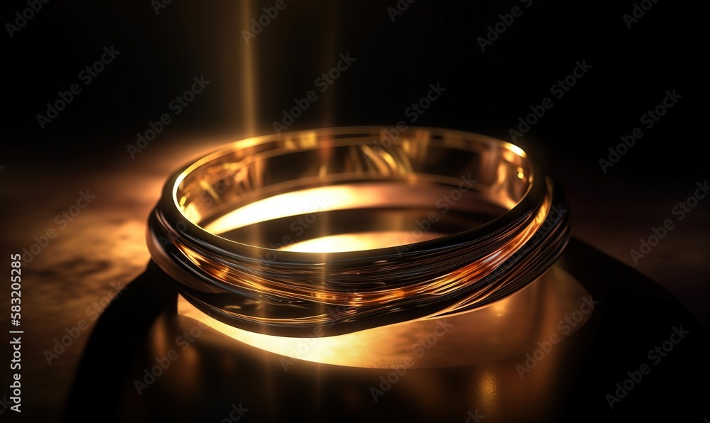 Poster a couple of rings sitting on top of a wooden table next to a light source on a table top with a blac