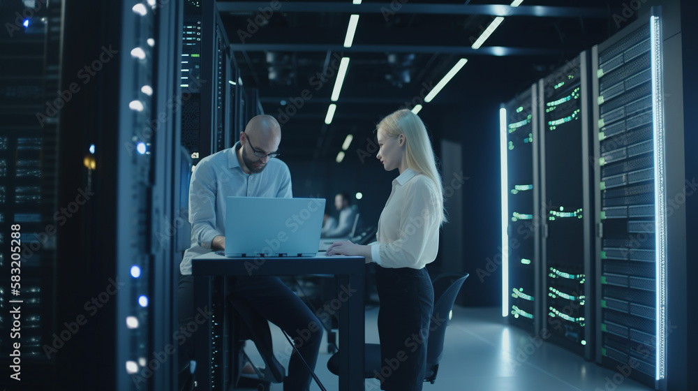 Poster programmers working on a laptop in a server room. dark background. generative ai