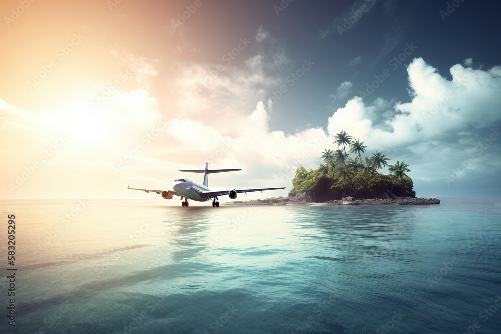 Poster an airplane is flying over a small island in the ocean with palm trees on it and a sunset in the bac