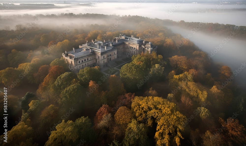Poster an aerial view of a large building surrounded by trees in the foggy day with low lying fog in the ai