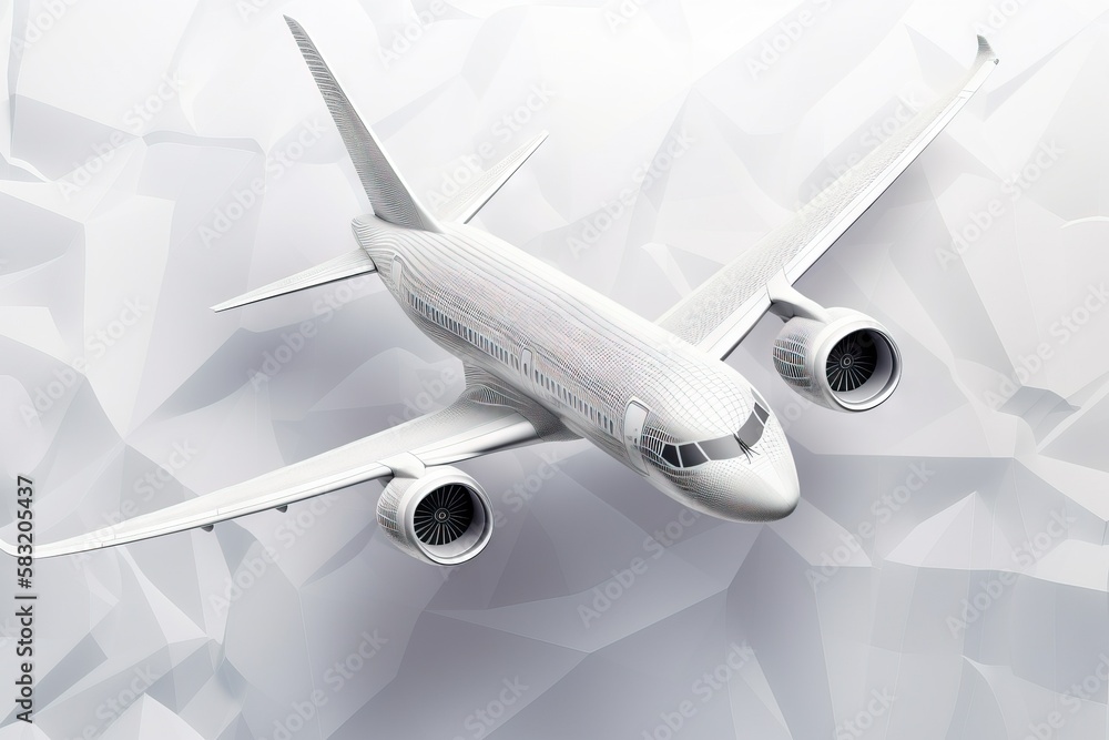 Poster a white airplane is flying over a white background with a pattern of small triangles and a white bac