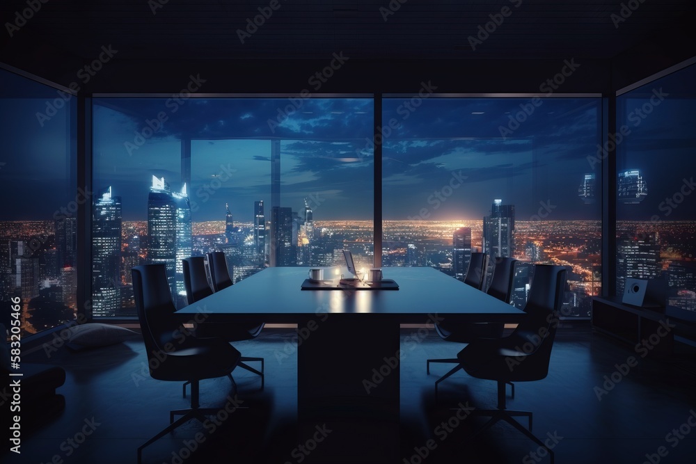 Poster a large table with chairs in front of a large window overlooking a city at night with a view of skys