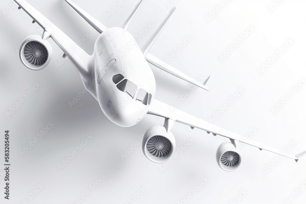 Poster a white airplane is flying in the air on a white background with a shadow of the plane on the bottom