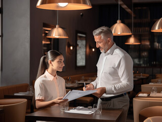 Fototapeta na wymiar Waitress working with male client in cafe, man looking at menu at the restaurant, Generative AI