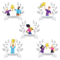 Set of happy winner people holding golden goblets flat style, vector illustration