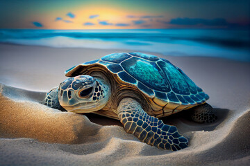 Sea Turtle Journey: Crawling towards the Ocean. AI Generated