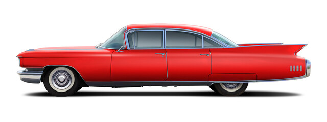Obraz na płótnie Canvas Luxury classic american sedan in red color isolated on white background.