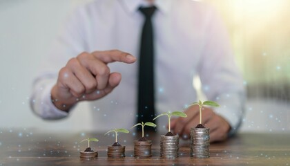 3d render of a businessman with plants of coins, financial grow concept