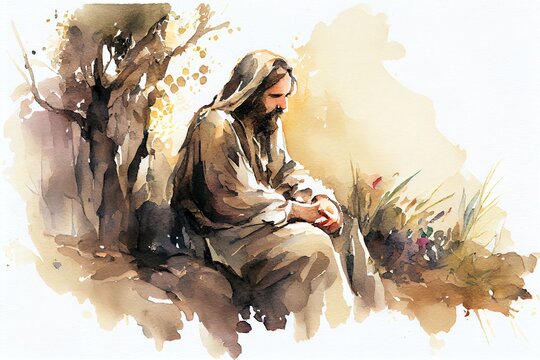 Watercolor Illustration of a Jesus Christ Praying In The Garden Of Gethsemane Oil Painting. Generative AI