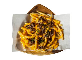 carne asada french fries. loaded fries in a wood bowl on png background.