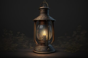 Fototapeta na wymiar Illustration of old lantern with candle inside, black background. Generative AI