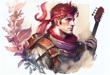 Watercolor Illustration of a Minstrel Character Portrait, Rpg, Fantasy Avatar And Token. Generative AI