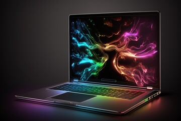 Gamer laptop illustration, colorful neon lights, black background. Generative AI
