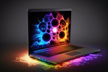 Gamer laptop illustration, colorful neon lights, black background. Generative AI