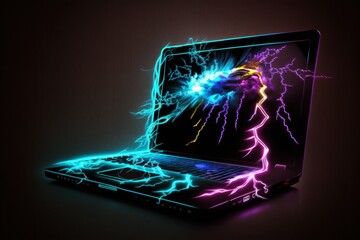 Gamer laptop illustration, colorful neon lights, black background. Generative AI