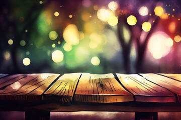 Watercolor Illustration of a Old Empty Wooden Table With Bokeh Background. Generative AI